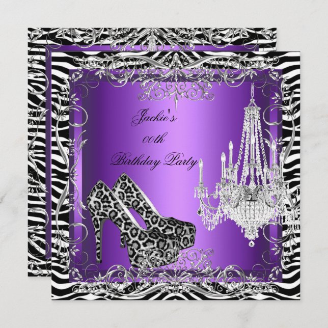 Purple Zebra Leopard Print Party Heels Party Invitation (Front/Back)