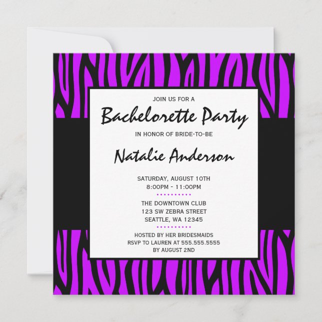 Purple Zebra Modern Bachelorette Party Invitation (Front)