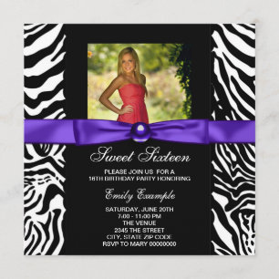 Purple Zebra Photo Sweet 16 Party Invitation