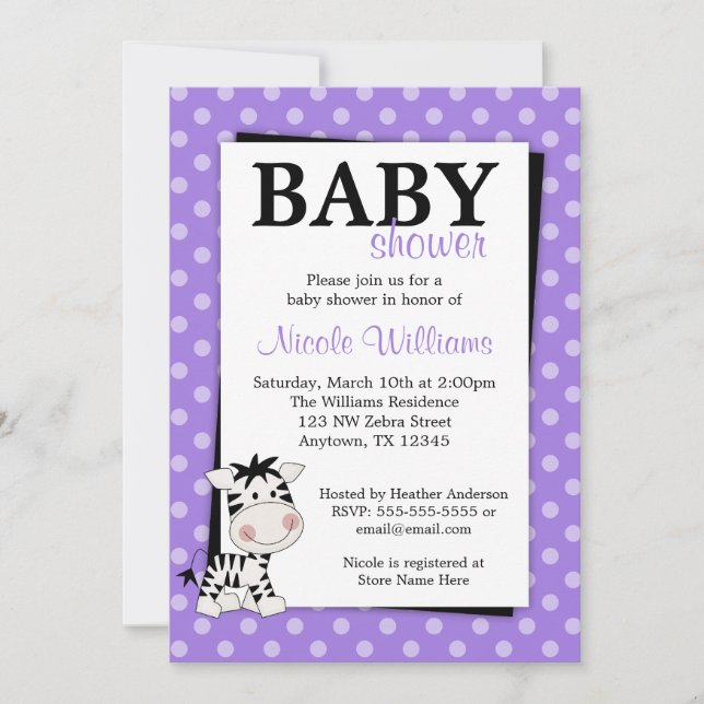 Purple Zebra Polka Dot Baby Shower Invitations (Front)