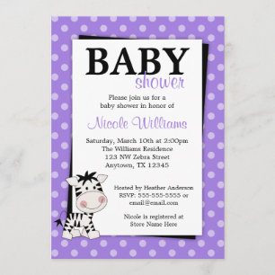 Purple Zebra Polka Dot Baby Shower Invitations