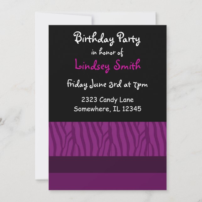 Purple Zebra Print Birthday Invitation (Front)