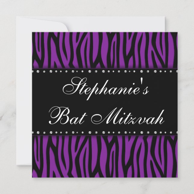 Purple Zebra Printed Diamonds Bat Mitzvah Invitation (Front)