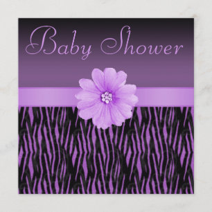 Purple Zebra Stripes & Bling Flower Baby Shower Invitation