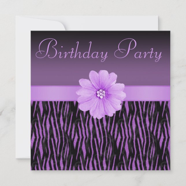 Purple Zebra Stripes Bling Flower Birthday Party Invitation (Front)