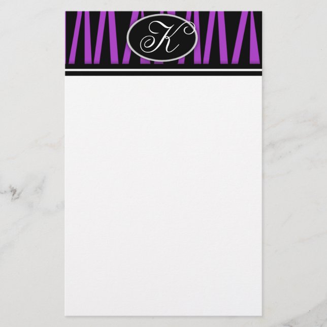 Purple Zebra Stripes Monogrammed Stationery (Front)