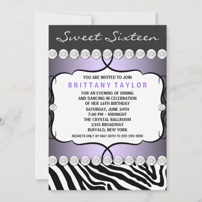 Purple Zebra Sweet Sixteen Birthday Party Invitation (Front)