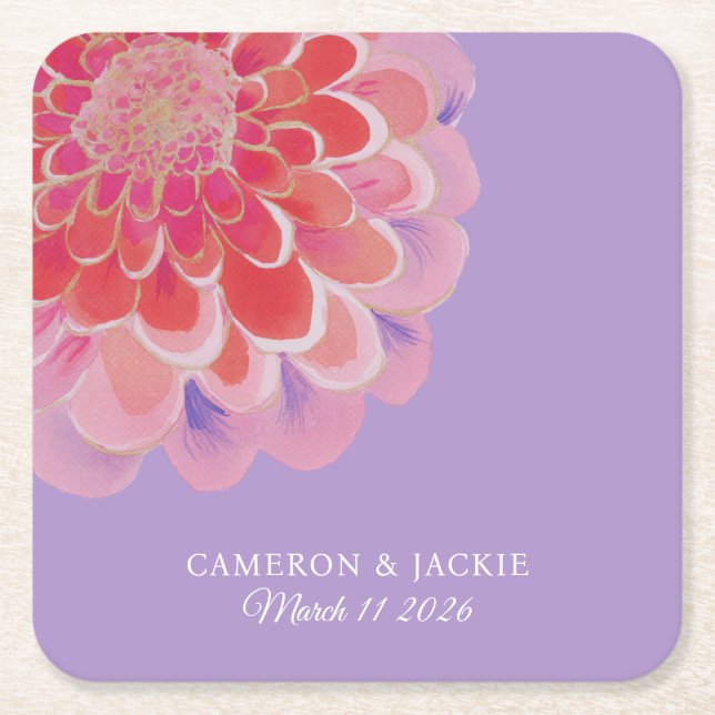 Purple Zinnia Summer Wedding Square Paper Coaster (Front)