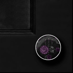 Purple Zodiac Magic Dark Plum Gothic Skull Roses Ceramic Knob