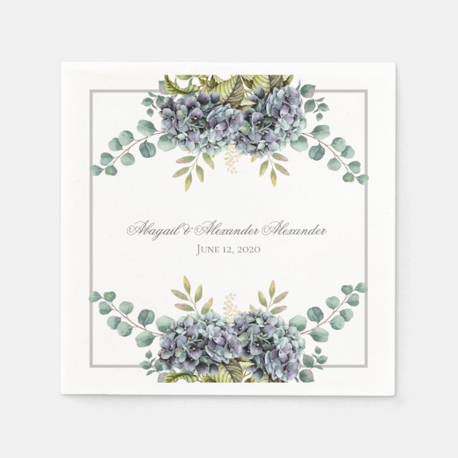 Purplish Hydrangeas Eucalyptus Wedding Napkin (Front)