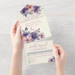 Purply pink flowers on All in One Wedding Invite