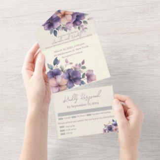 Purply pink flowers on All in One Wedding Invite