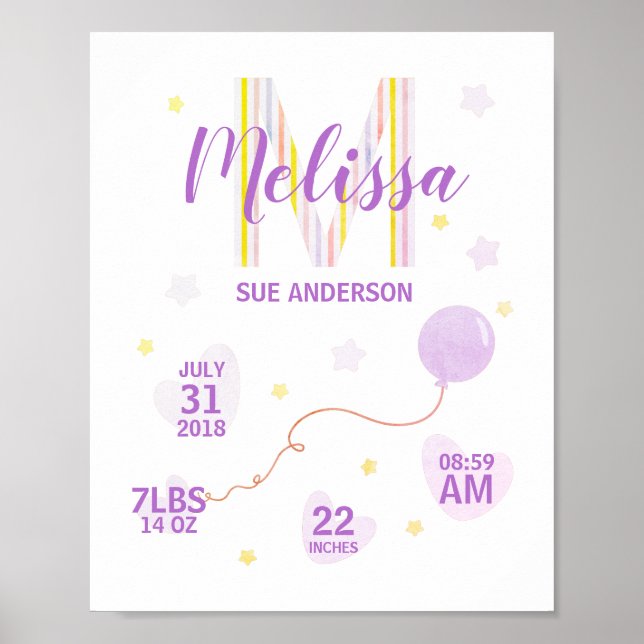 Purpple & Yellow Birth Stat Design Poster (Front)
