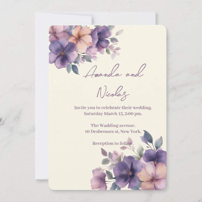 Purpuly pink flowers on Wedding Invitation (Front)