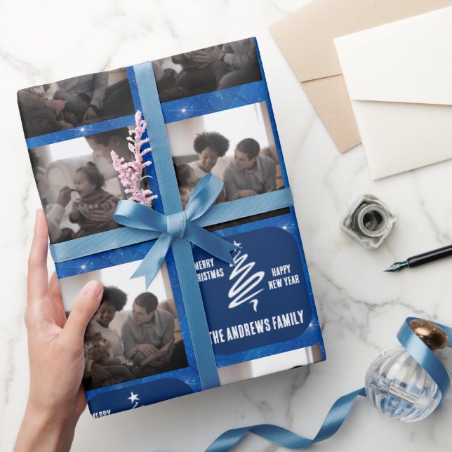 Purpurina geométrico azul de foto familiar de navi wrapping paper (Gifting)