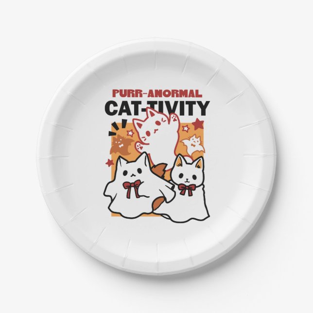 Purr-anormal Cat-tivity Cute Halloween Cat Design Paper Plate (Front)