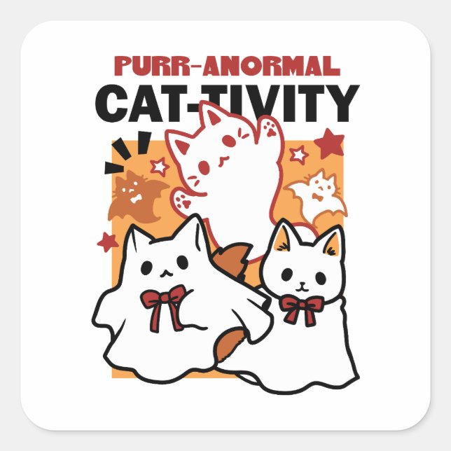 Purr-anormal Cat-tivity Cute Halloween Cat Design Square Sticker (Front)