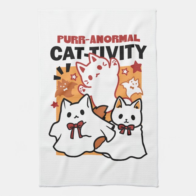 Purr-anormal Cat-tivity Cute Halloween Cat Design Tea Towel (Vertical)