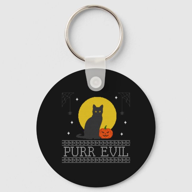 Purr Evil _ Funny Cute Spooky Halloween Black Cat Key Ring (Front)