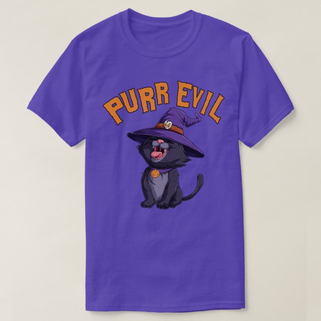 Purr Evil Halloween Laughing Black Cat Witch Hat T-Shirt (Design Front)
