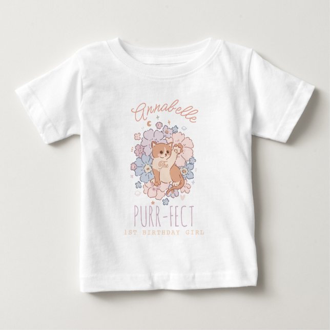 Purr-fect 1st Birthday Girl Kitty Cat Floral Baby T-Shirt (Front)