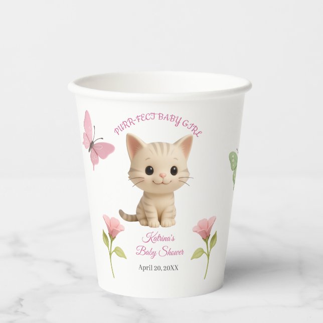Purr-fect Baby Girl Kitten Baby Shower Paper Cups (Front)