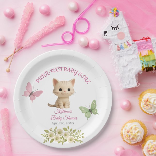 Purr-fect Baby Girl Kitten Baby Shower Paper Plate (Party)