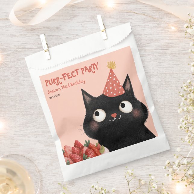 Purr-fect Black Kitten Pink Kids’ Birthday Party  Favour Bags (Clipped)