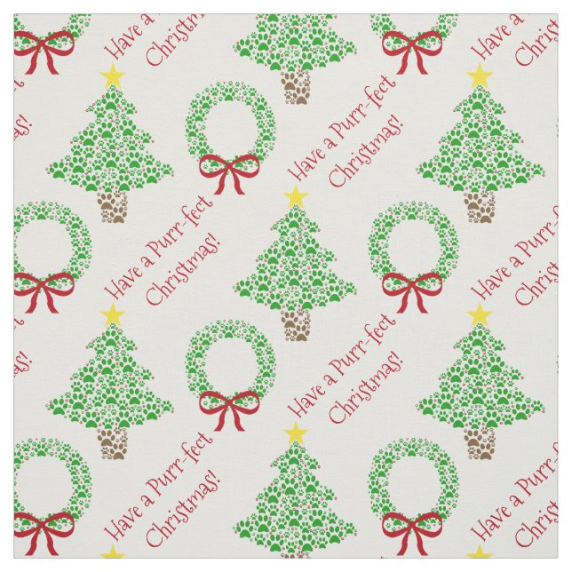 Purr-fect Christmas Fun Paw Print Trees & Wreaths Fabric (Swatch)