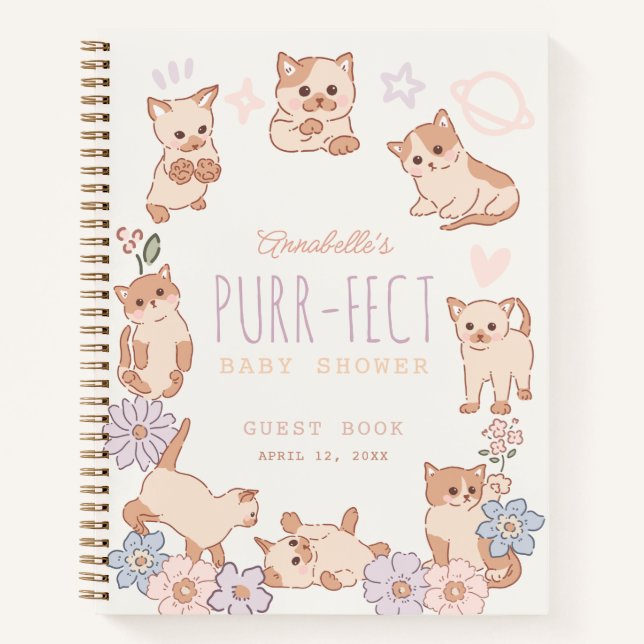 Purr-fect Cute Cats Floral Baby Shower Guest Book (Front)