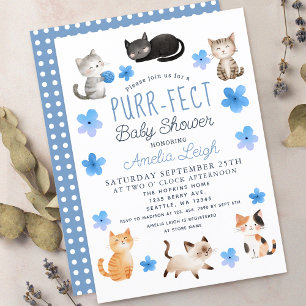 Purr-fect Cute Cats Floral Boy Baby Shower Invitation