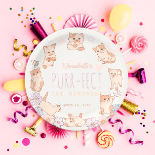 Purr-fect Cute Cats Floral Girl 1st Birthday Paper Plate