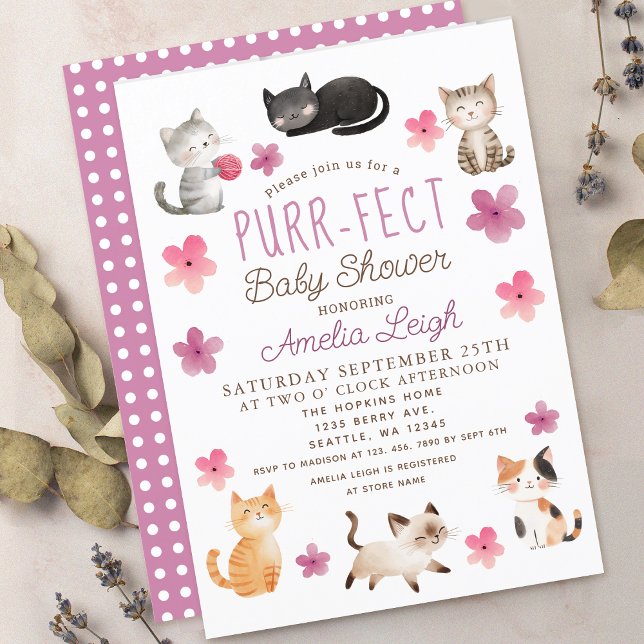 Purr-fect Cute Cats Floral Girl Baby Shower Invitation (Creator Uploaded)