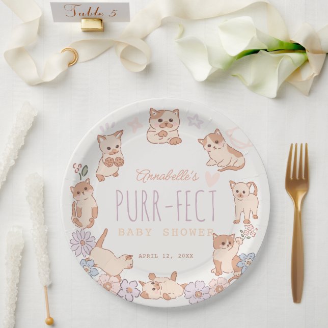 Purr-fect Cute Cats Floral Girl Baby Shower Paper Plate (Wedding)