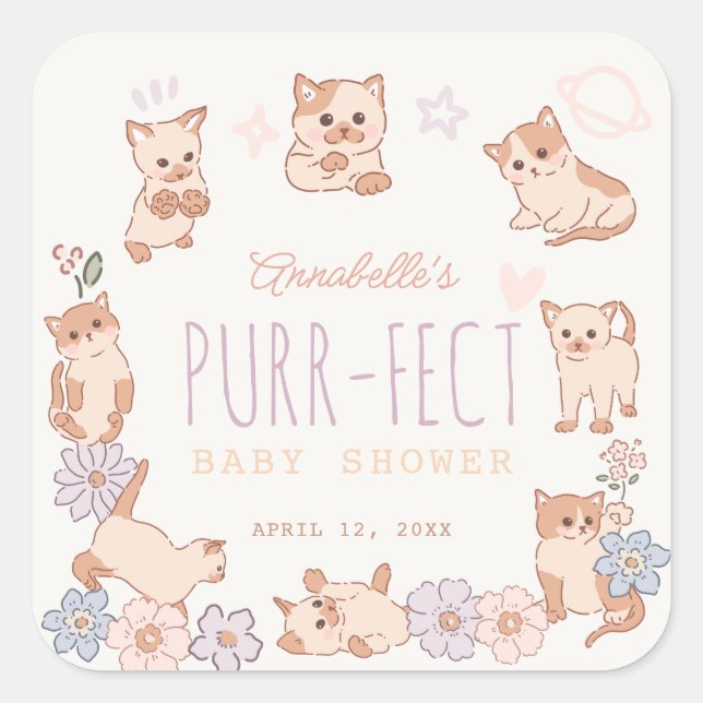 Purr-fect Cute Cats Floral Girl Baby Shower Square Sticker (Front)
