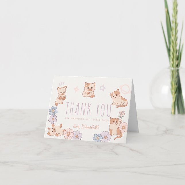 Purr-fect Cute Cats Floral Girl Baby Shower Thank You Card (Front)