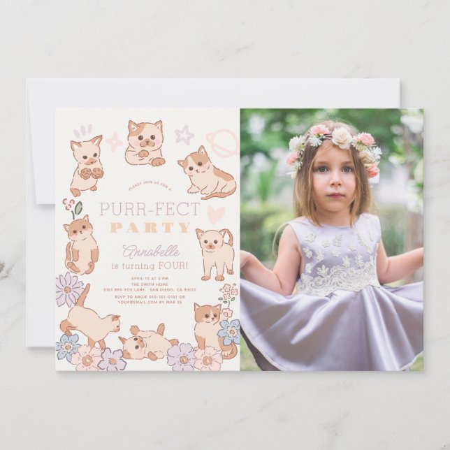 Purr-fect Party Cats Floral Girl Birthday Photo Invitation (Front)