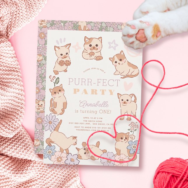 Purr-fect Party Cute Cats Floral Girl 1st Birthday Invitation (Creator Uploaded)