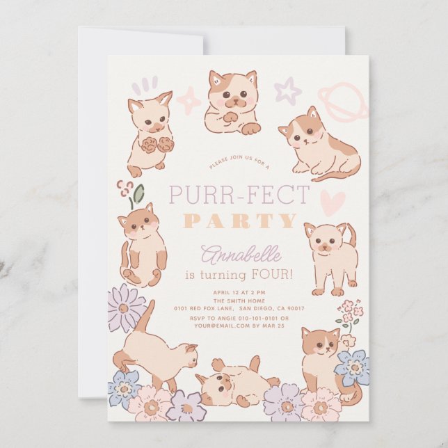 Purr-fect Party Cute Cats Floral Girl Birthday Invitation (Front)