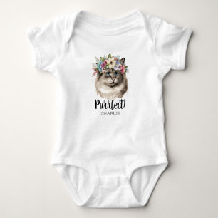 Purr-fect Watercolor Cat Funny Pun Monogram Name   Baby Bodysuit