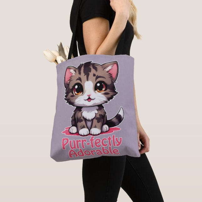 Purr-fectly Adorable Chibi Kawaii Kitten in Pink Tote Bag (Close Up)