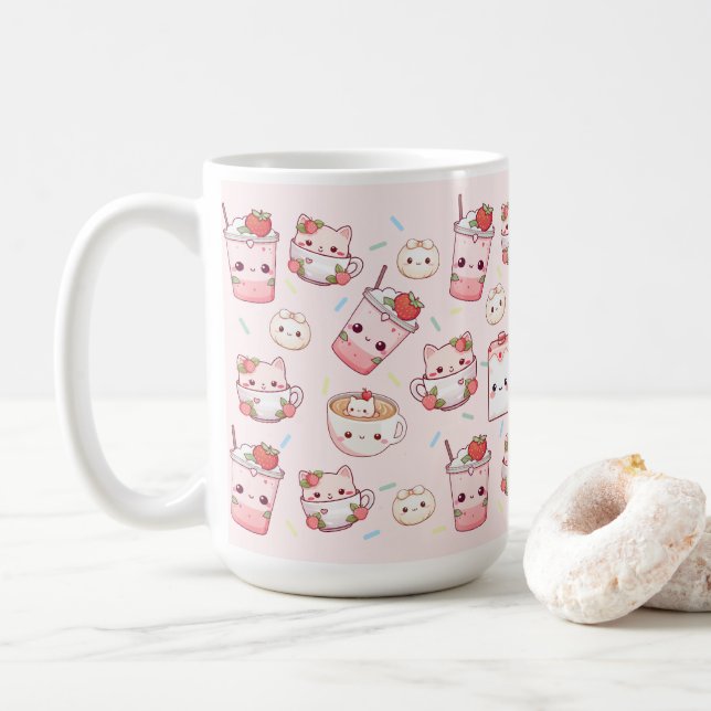 Purr-fectly Brewed: Kawaii Cat Coffee Mug (With Donut)