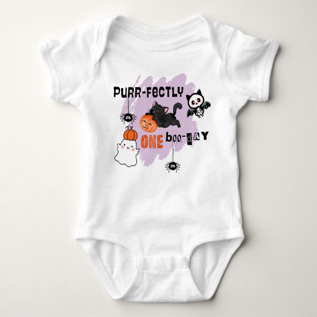 Purr-fectly One Boo-day Cat Halloween 1st Birthday Baby Bodysuit (Front)