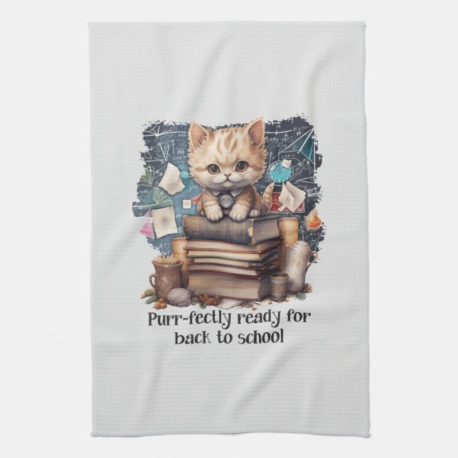 Purr-fectly Ready For Back To School Tea Towel (Vertical)