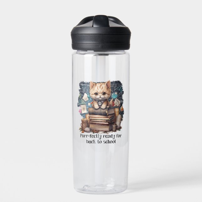 Purr-fectly Ready For Back To School Water Bottle (Front)