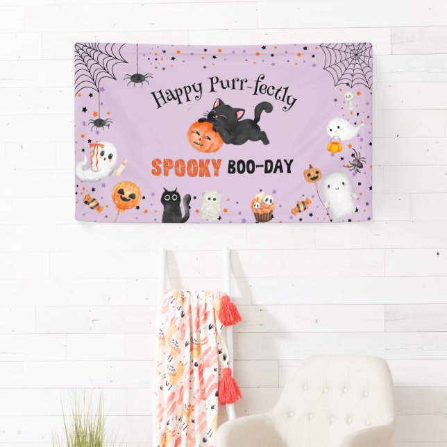 Purr-fectly Spooky Boo-day Cat Halloween Birthday Banner (Insitu)