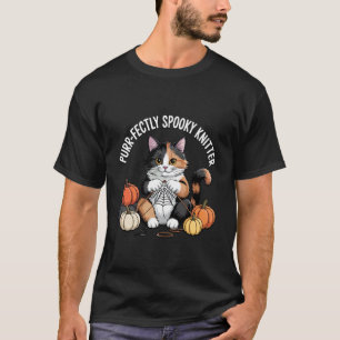 Purr-fectly Spooky Knitter Cute Halloween Cat with T-Shirt