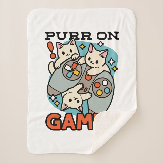 Purr On Gamer - Cute Cat Gaming Design Sherpa Blanket (Front)
