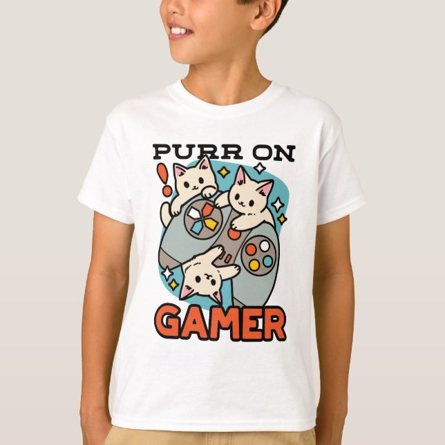 Purr On Gamer - Cute Cat Gaming Design T-Shirt (Front)
