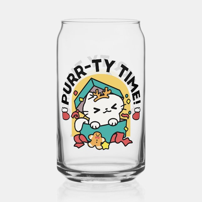 Purr-ty Time! - Festive Cat Christmas Design Can Glass (Front)